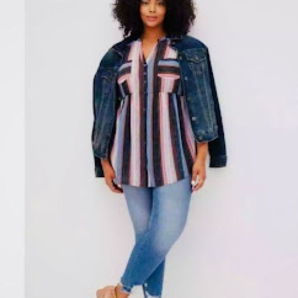 Torrid Emma Babydoll Tunic Chiffon Striped Black-Multi in Size 1X - Picture 4 of 9
